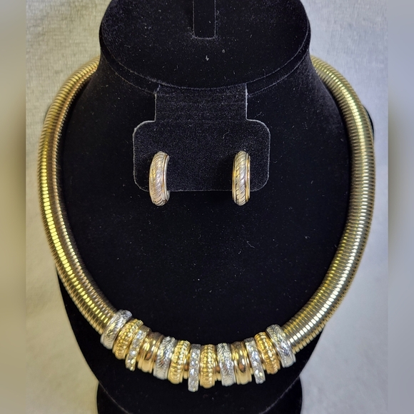 None Jewelry - Gold and Rhinestone Necklace and Earrings Set  / Clip-on